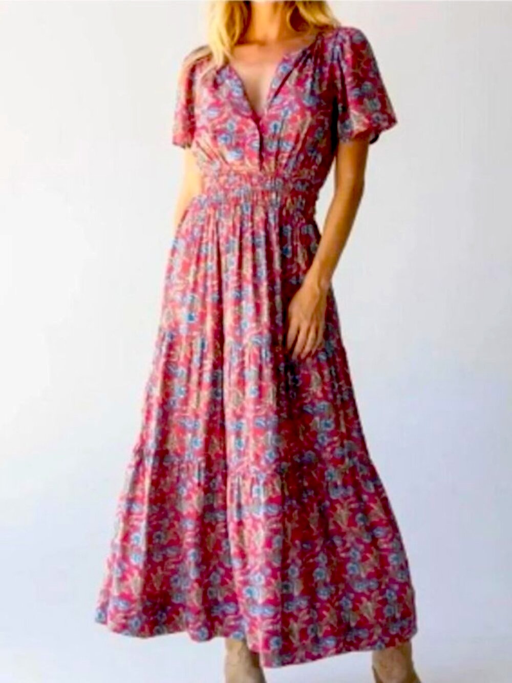 Natural Life Bella Maxi Dress Red Olive Leaf Floral Bohemian Viscose - M - Picture 3 of 8